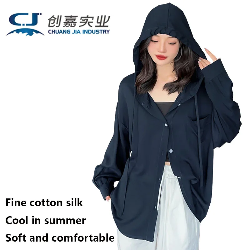 

Cotton Silk Summer Women Long-sleeved Hooded Shirt Outdoor Travel Sun Protection Clothing Light Soft Loose Shirt Large Size 3XL