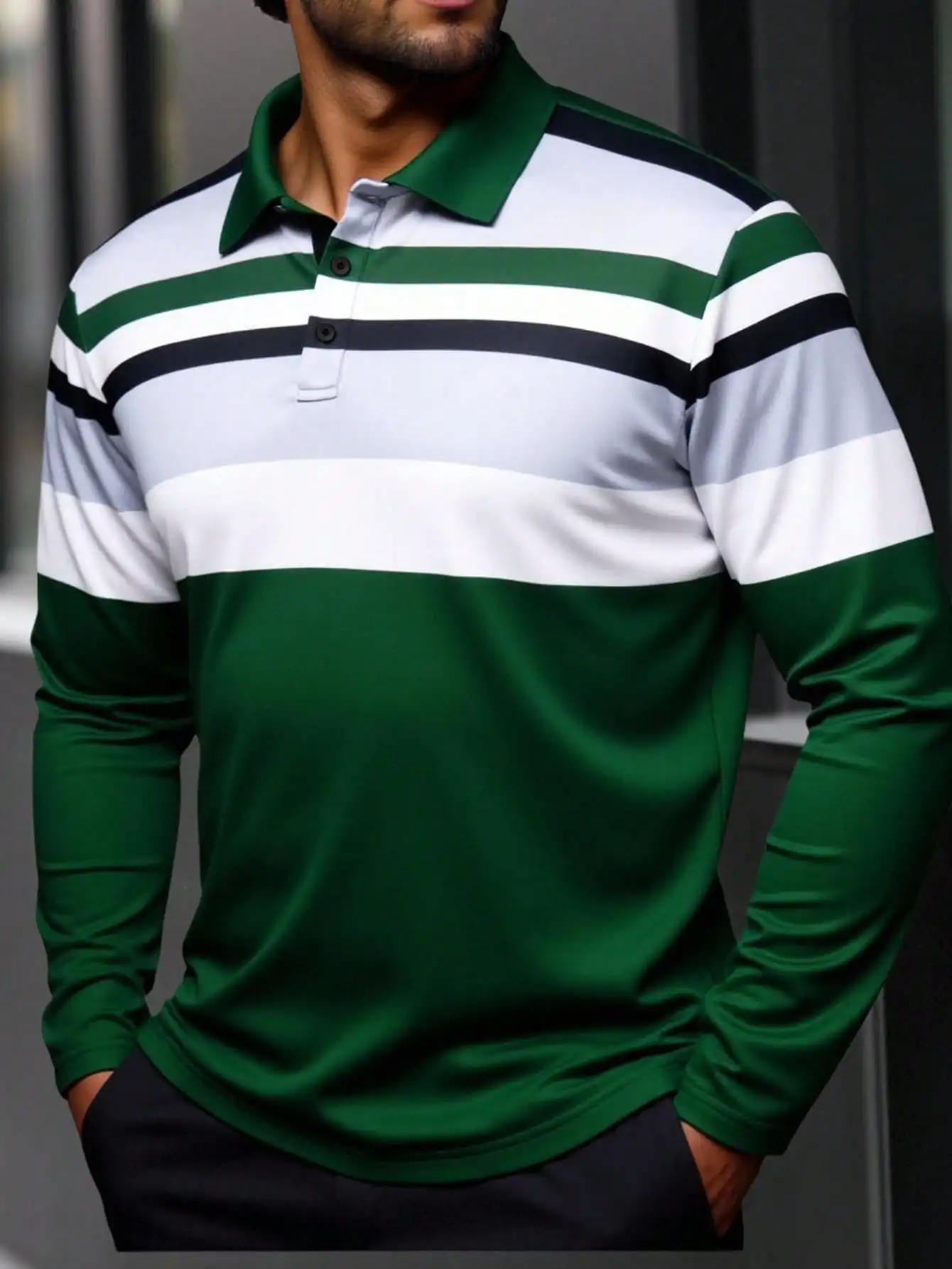 

Men's Long Sleeve Casual Polo Shirt with Contrast Stripe Design