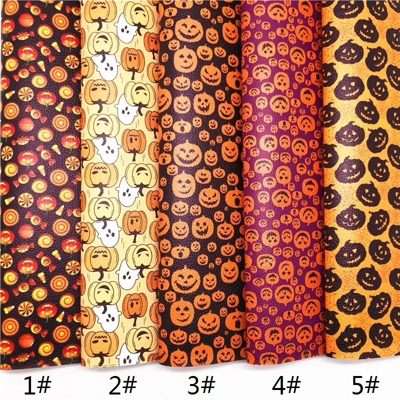 Onefly Wholesales Dropshipping Leather Supplier Halloween Pumpkins Printed Faux Leather Felt Backing for Bow DIY 21x29cm FZ267A