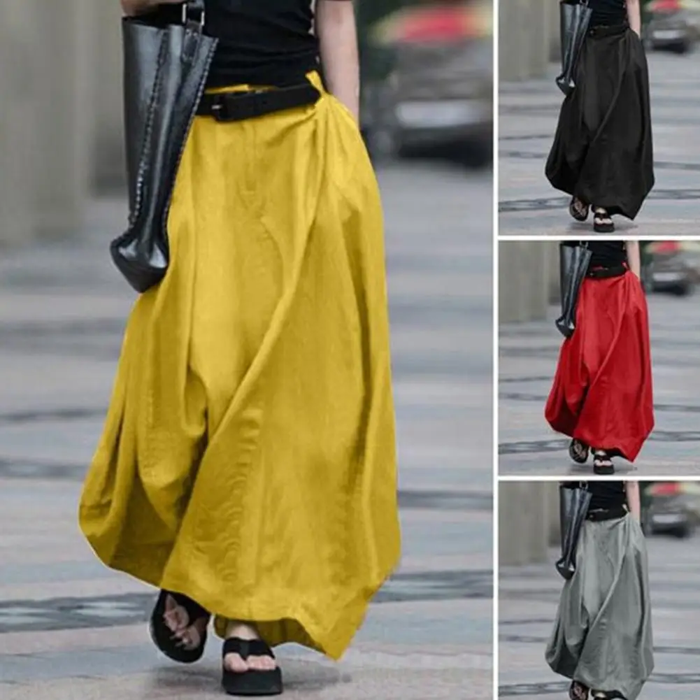 Elastic Waist Maxi Skirt Elegant A-line Maxi Skirt Stylish Elastic High Waist Button Zipper Fly Solid Color Hem for Wear