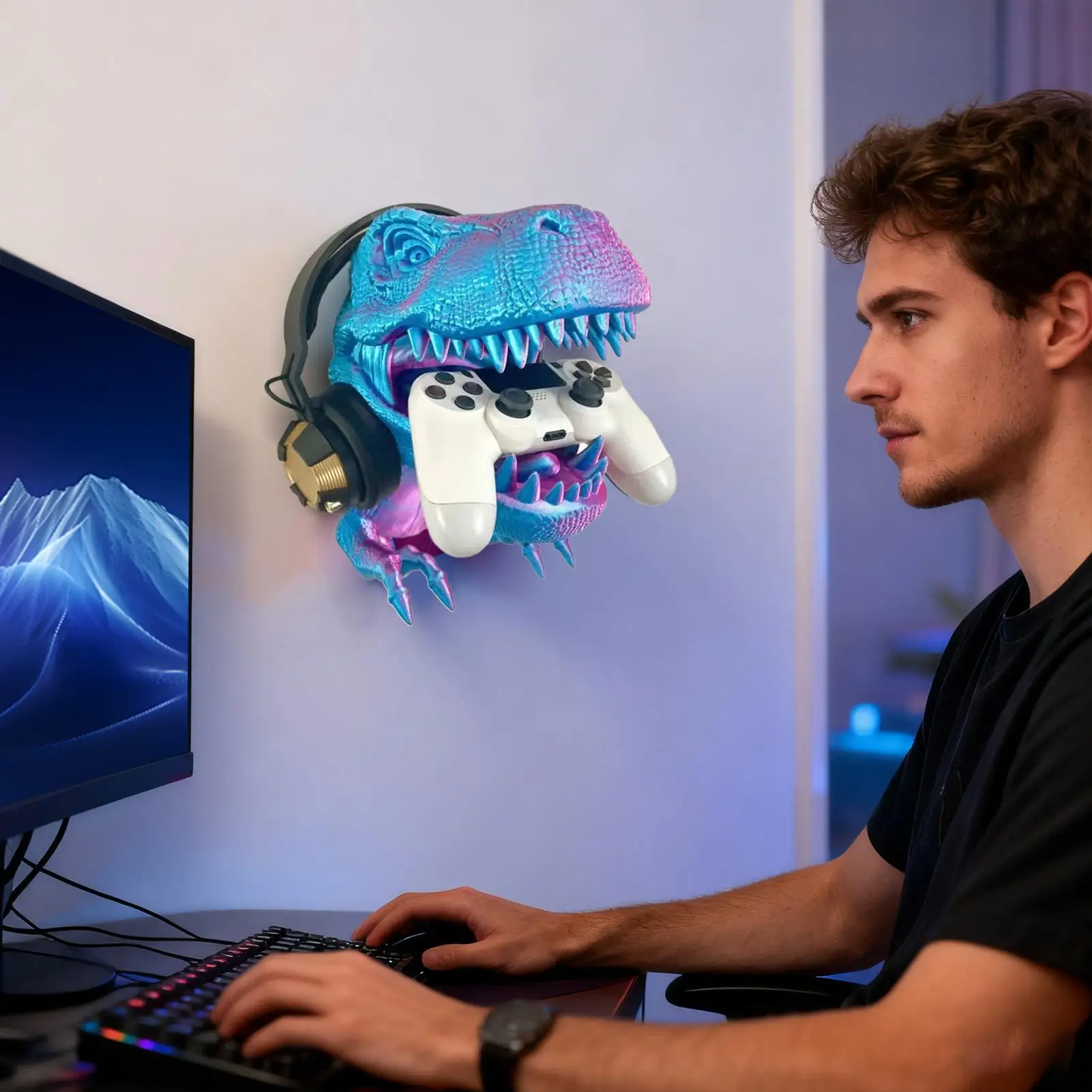 3Dプリントされたティラノサウルスレックスのヘッドホンとゲームコントローラー用スタンド、壁掛け式3D恐竜ゲームウォールデコレーション（自宅の部屋用）