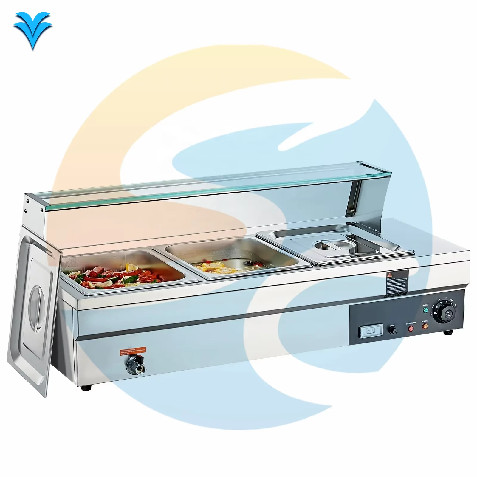 

Commercial 3-Pan Electric Buffet Bain-marie Stainless Steel Food Warmer Tempered Glass Cover Shuangchi Warming Holding Equipment