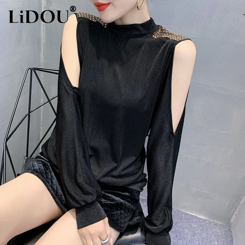 

Spring Autumn Stand Collar Diamons Off the Shoulder T-shirt Ladies Long Sleeve Loose Casual Hollow Out Pullover Top Women Tee