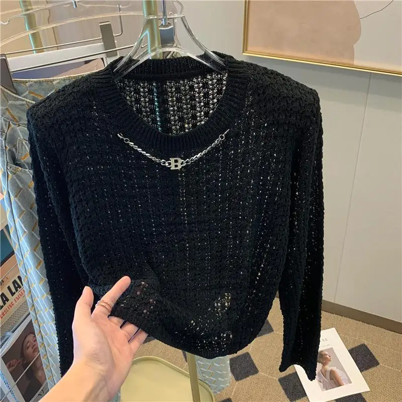 Hollow Out Thin Long Sleeved Knitted Sweater for Women's 2024 Spring/summer Sweet and Spicy High-end Short Top Trend