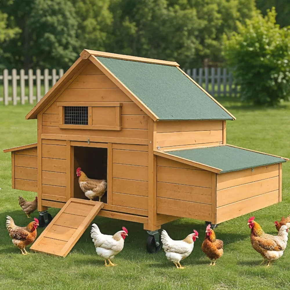 

Chicken Coop on Wheels, Large Mobile Wooden Hen House for 6-8 Chickens, Outdoor Poultry Cage with Nesting Box