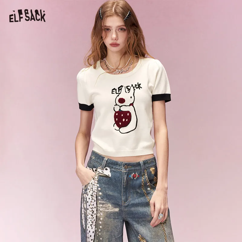 

ELFSACK Cute Embroidered Crop Top for Women, Cartoon Knit T-Shirt with Black Cuffs, Perfect for Street Style & Casual Outfits