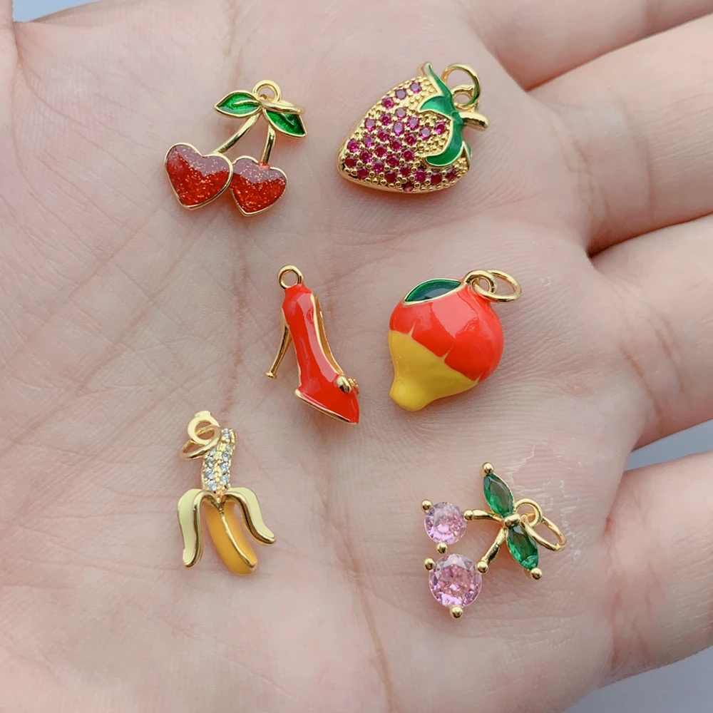 

Fashion Zircon Mini Fruit Pendant Bracelet Cherry Strawberry Charm for Jewelry Making DIY Necklace Handmade Accessories