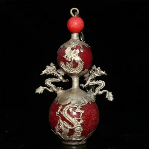 

3.94" Chinese Tibetan silver Dragon Phoenix inlay jade Hand-made Snuff bottle