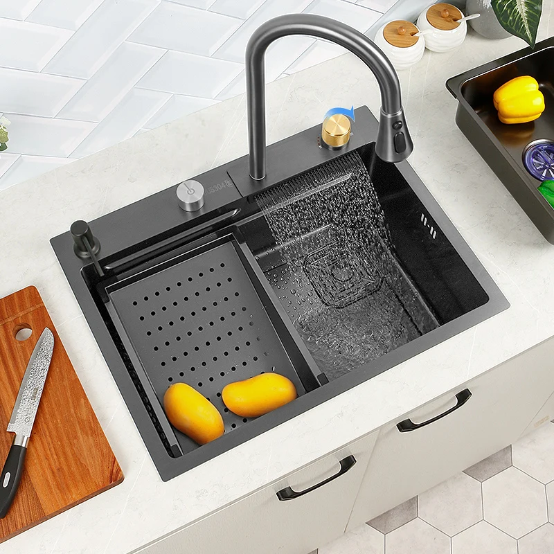 

New Black Nano Kitchen Sink 304 Stainless Steel Waterfall Sink Basin Large Single Slot With Waterfall Faucet For Kitchen