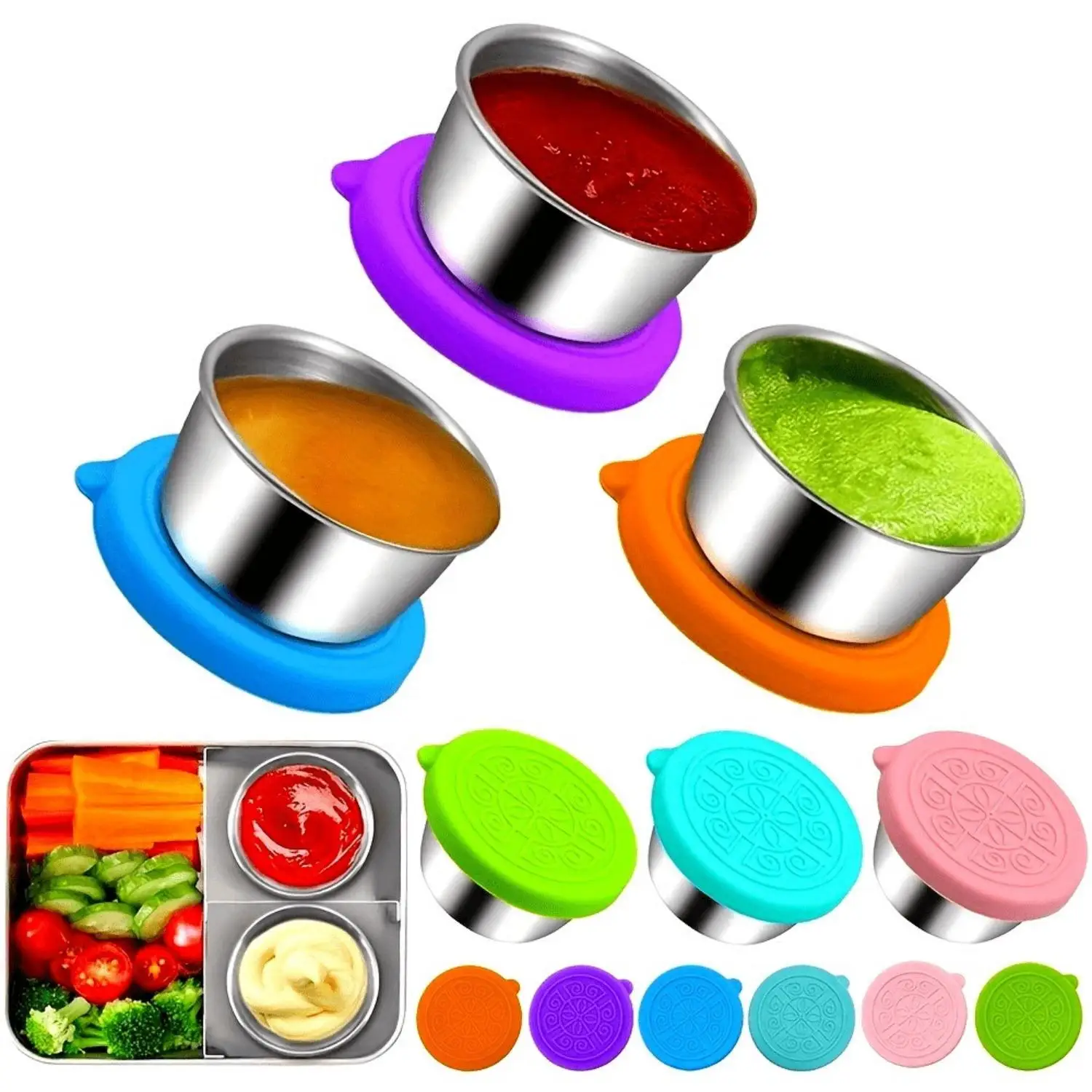 2pcs, 1.6 oz reusable sauce containers, stainless steel condiment cups with leak-proof silicone lids