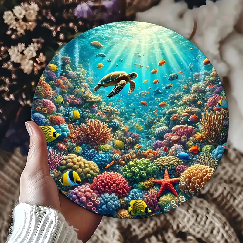 Round Metal Wall Art - Decorative Piece Featuring Sea Turtles and Coral Reef Marine Life, Frameless Nautical Metal Plaque, Suitable for Home Decor, Ocean-Themed Diving