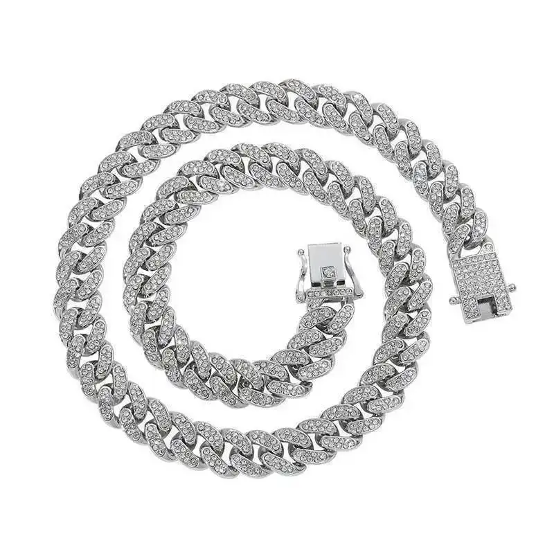 

Mens Cuban Necklace Bracelet Set Hip Hop Punk 13mm Miami Cuban Link Chain With Diamond Curb Chain Rock Rapper
