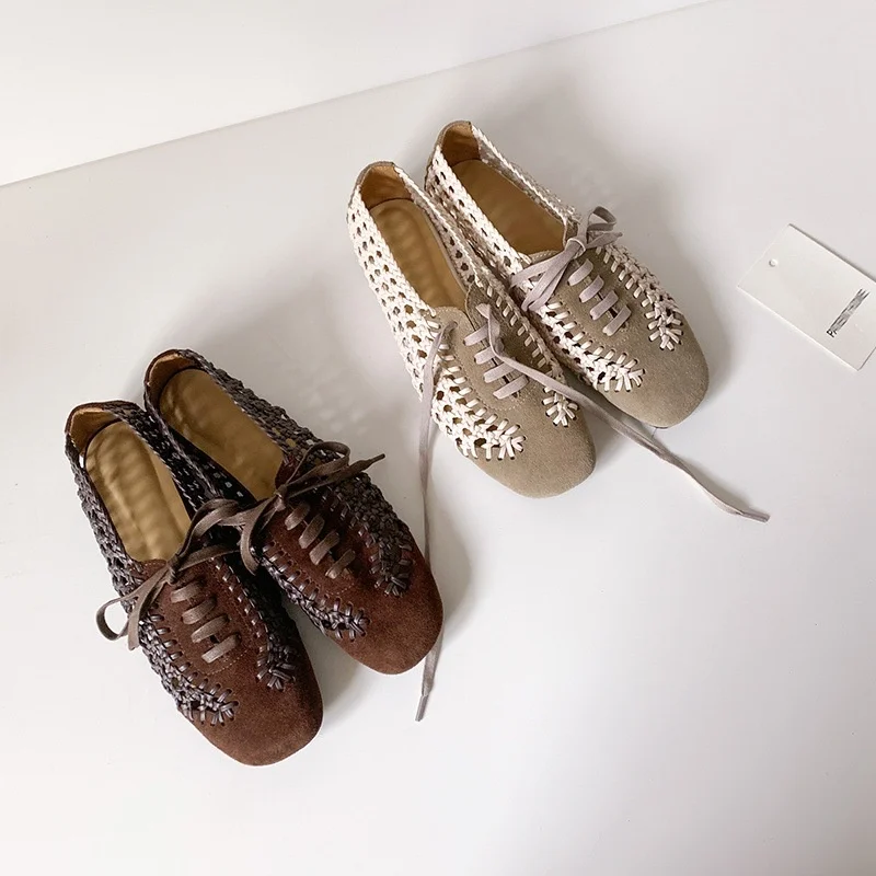 Zapatillas de ballet de malla 2025, zapatos cómodos de verano para mujer, sandalias con cordones huecos tejidas Roma a la moda