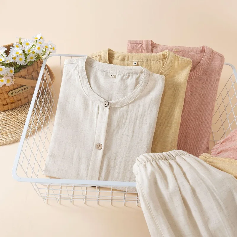 2025 Simple Solid Color Lyocell Cotton and Linen Pajamas Women's Thin Long-sleeved Pants Loungewear Autumn Round Neck 2 Piece