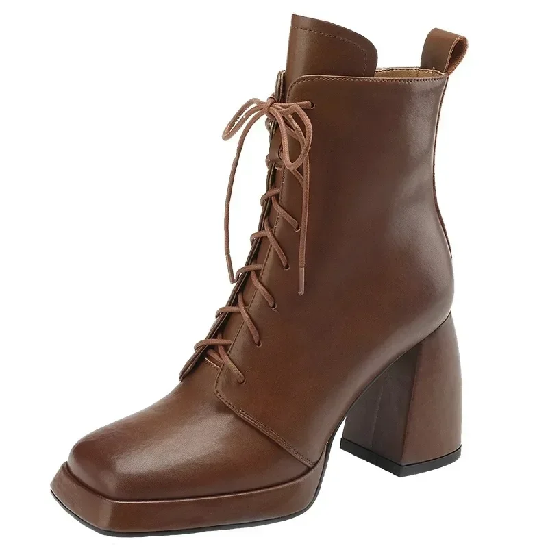 Botas femininas de salto alto, botas de chelsea, sapatos de plataforma volumosos com renda, toe quadrado, marca casual, outono, 2024