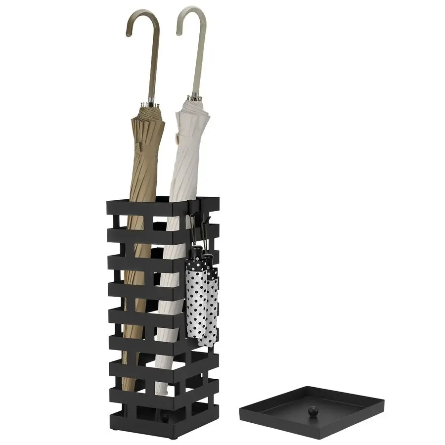 

Подставка для зонтов для прихожей, большая металлическая вешалка для зонтов 6,3 x 5,5 x 16,5 дюймов со съемным поддоном для воды и крючками, декоративная, без сборки