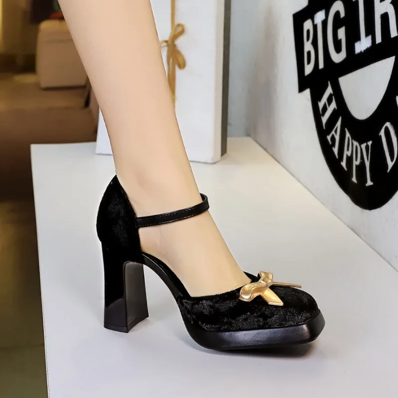 European Style Elegant Metal Bow Square Toe One Strap Platform Chunky Heel Party Super High Heels Pumps For Women