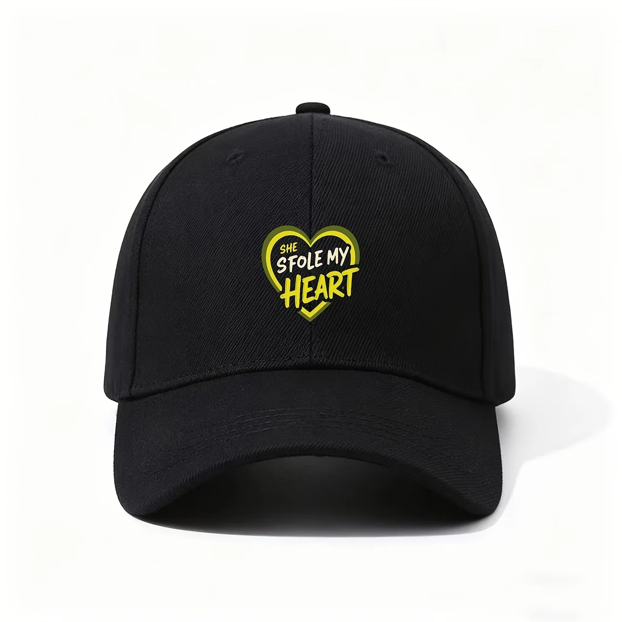 She Stole My Heart Heart Print Baseball Cap, a Playful And Romantic Design with a Bright Yellow Heart Graphic, Crafted with Soft