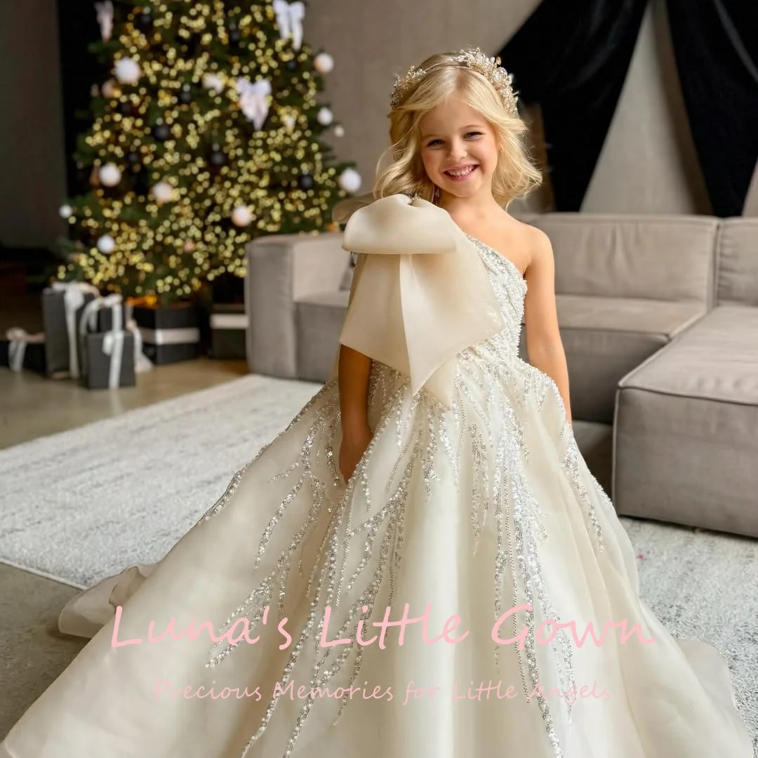 

High-end Champagne One Shoulder Kids Party Gown Rhinestone Embellished Big Back Bow Long Train Flower Girl Dress Customized
