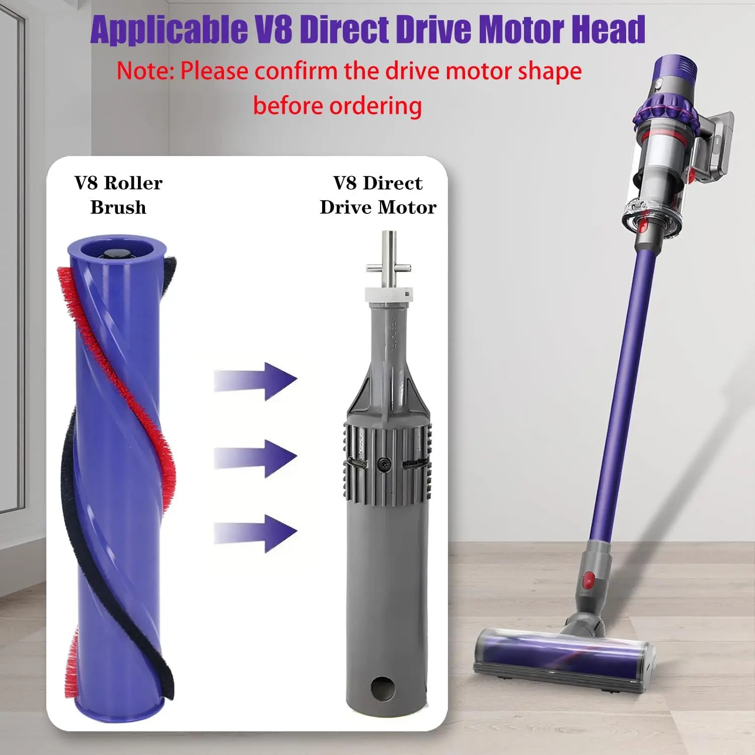 Replacement Brush Roller for Dyson V8 Cordless Vacuum Cleaner Brush Bar Assembly (4 Prong Drives & No Screw)