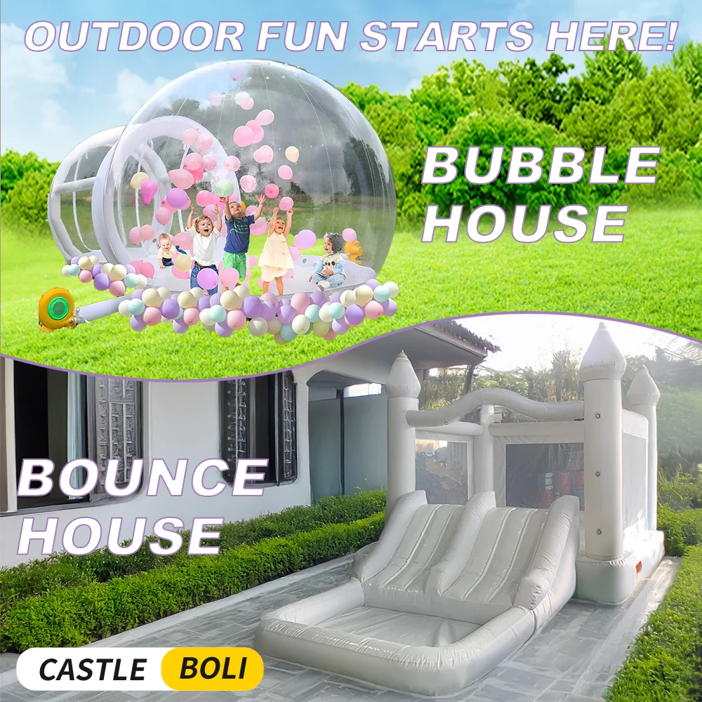Juego de 2 uds. De casa de rebote blanca de 4,2x3x2,6 m/4x4m, casa de burbujas con soplador, tienda de burbujas, caste hinchable trapolino, juguetes para el hogar