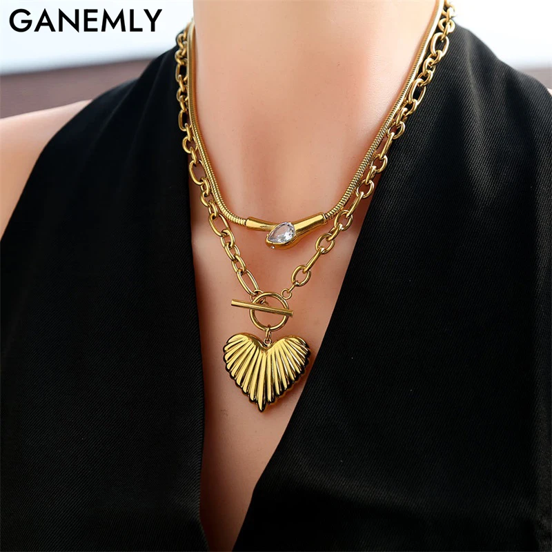 GANEMLY 316L Edelstahl Große Herz Anhänger Halskette Trendy Gold Farbe Hals Kette Kragen Wasserdicht Schmuck Für Frauen