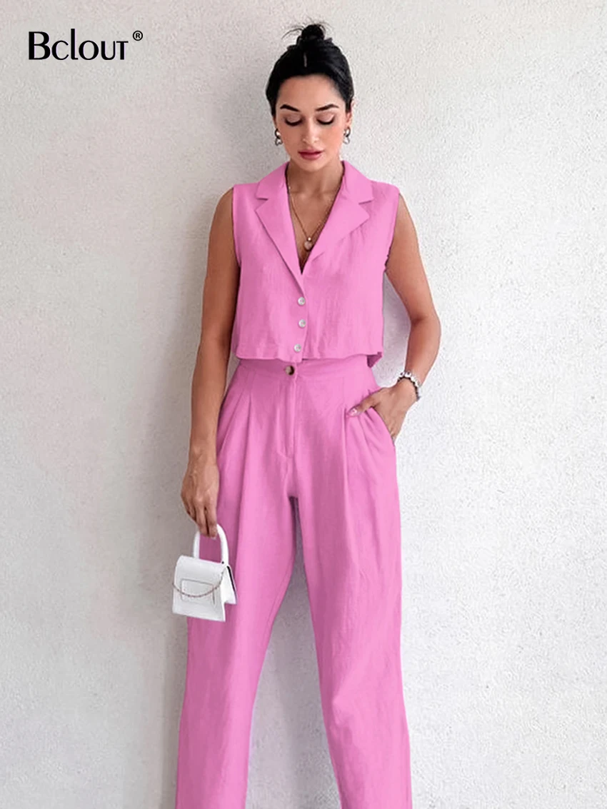 Bclout Summer Linen Long Pants Sets Women 2 Pieces Fashion Notched Collar Office Lady Tops Casual Solid Long Pants Suits Female