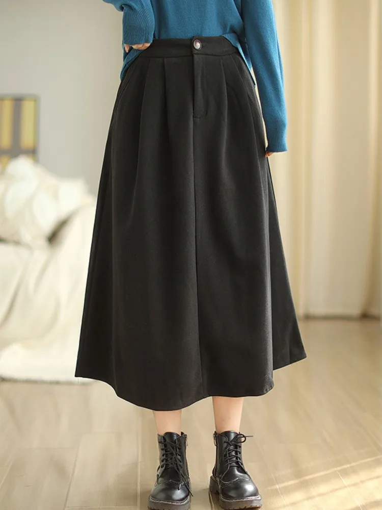 Early Autumn Atmosphere Woolen Half Skirt Women's Elastic High Waist Full A-Line Simple Pure Color Midi Umbrella Skirt