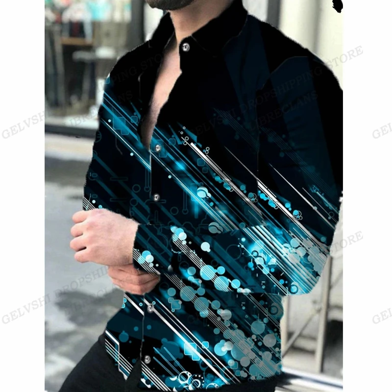 Camisa estampada geométrica masculina e feminina, de manga comprida, lapela 3D, moda casual, verão