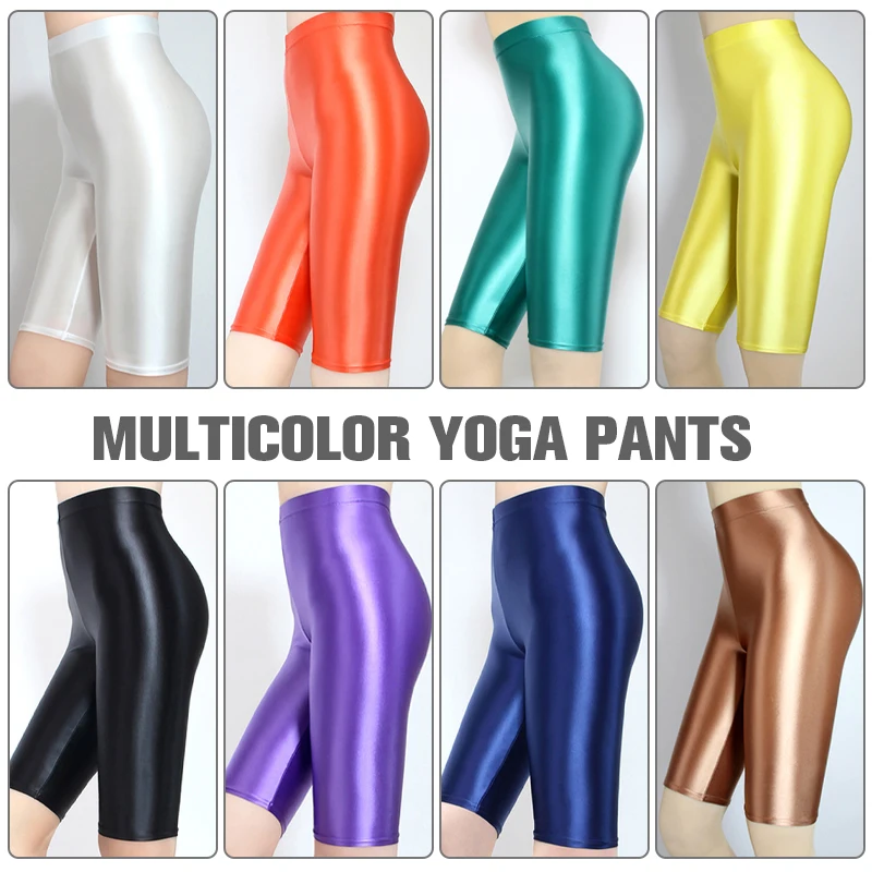 Women\'s Opaque Satin Glossy Pantyhose Sports Yoga Riding High Waist Shorts Shiny Yoga Pants Leggings Fitness Tights