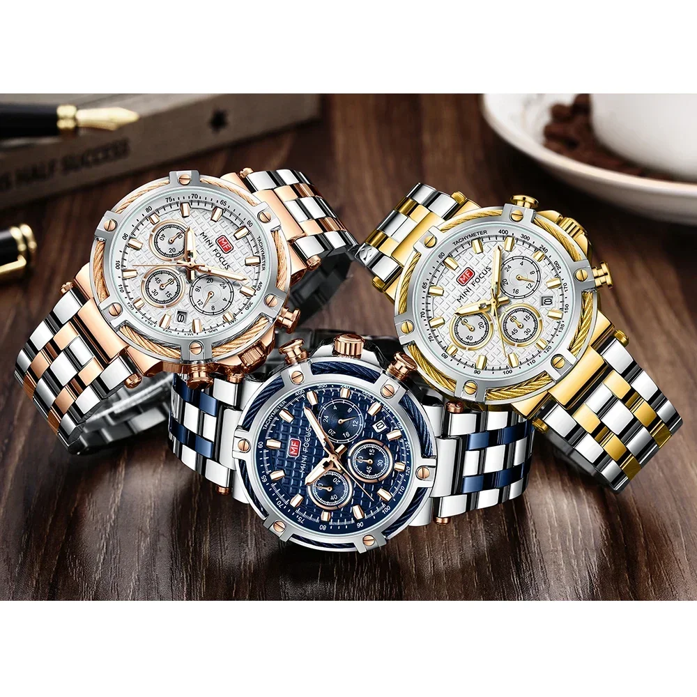 MINIFOCUS Stainless Steel Luxury Sport Chronograph Quartz Luminous WithWatch for Men 24-hour Fashion Men‘s Watches 0470G