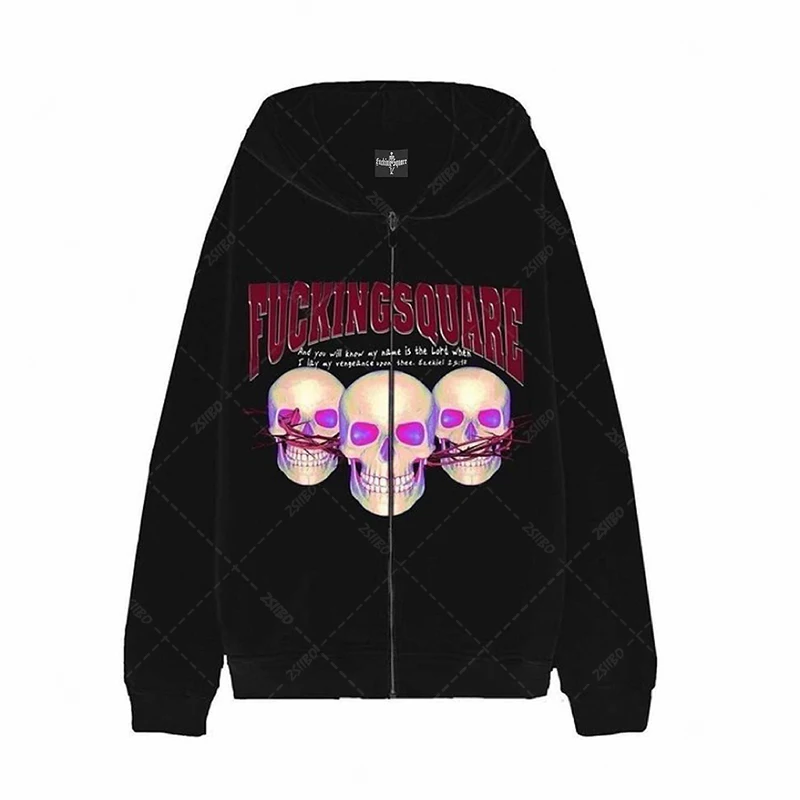 Y2k Anime Print Hoodie Men Zip Long Sleeve Street Sweater Jacket Letter Loose Punk Gothic Loose Hoodie Jacket