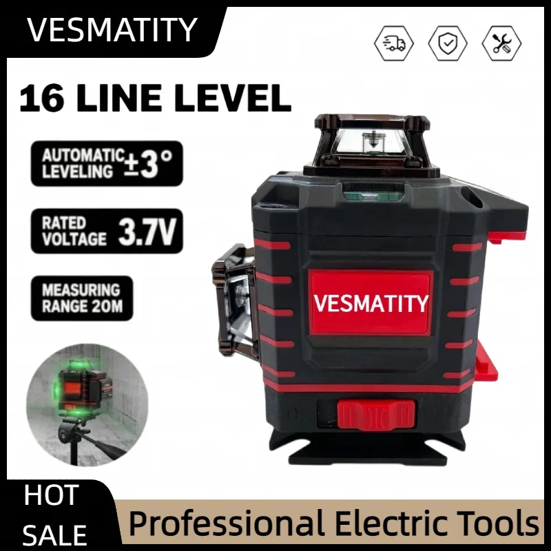 4 Sides*360 Degree Vertical Laser Level Green Beam Self-leveling Vertical 16 Lines Cross Line Lase Tool with Battery