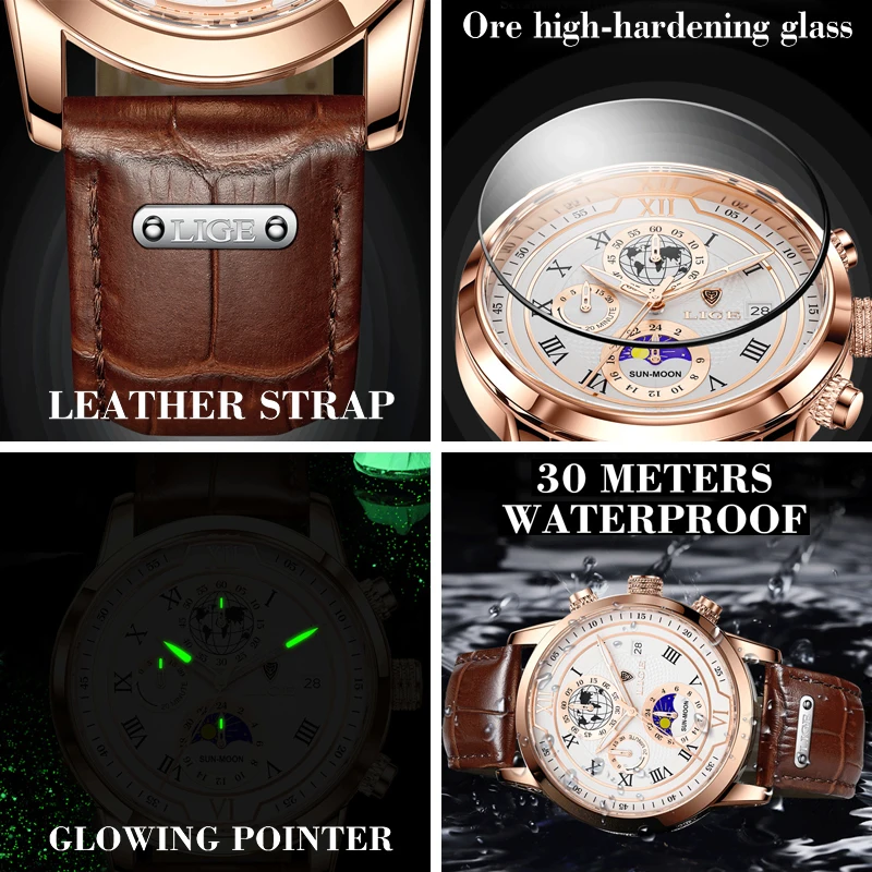 LIGE Brand Luxury Mens Watch Business Fashion Quartz Wristwatch Sport Waterproof Luminous Leather Strap Watches Men Reloj hombre