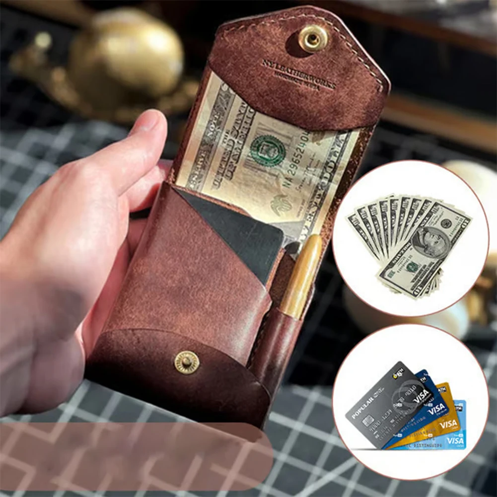 Retro Leather Mini Wallet Money Bag Bi-Fold Pocket Slim Minimalist Wallet Complimentary Fountain Pen for Daily Business & Travel