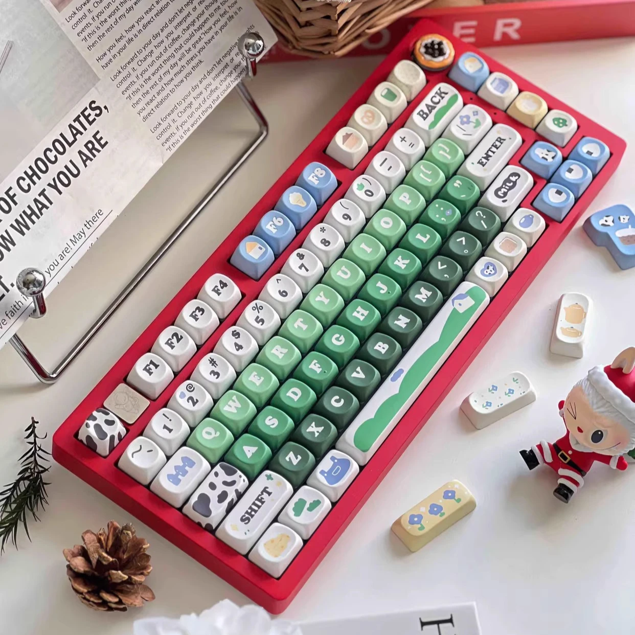 MAIMOOO Dairy Cow Pasture Keycap MOA Profile PBT Thermal Sublimation Cartoon Cute Green Keycaps for Mechanical Keyboard Gifts