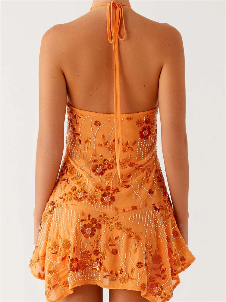 Dourbesty-minivestido camisero con cuentas y lentejuelas, Vestidos cortos sexys sin mangas con cuello Halter para mujer, Vestidos con hombros descubiertos y espalda descubierta 2025