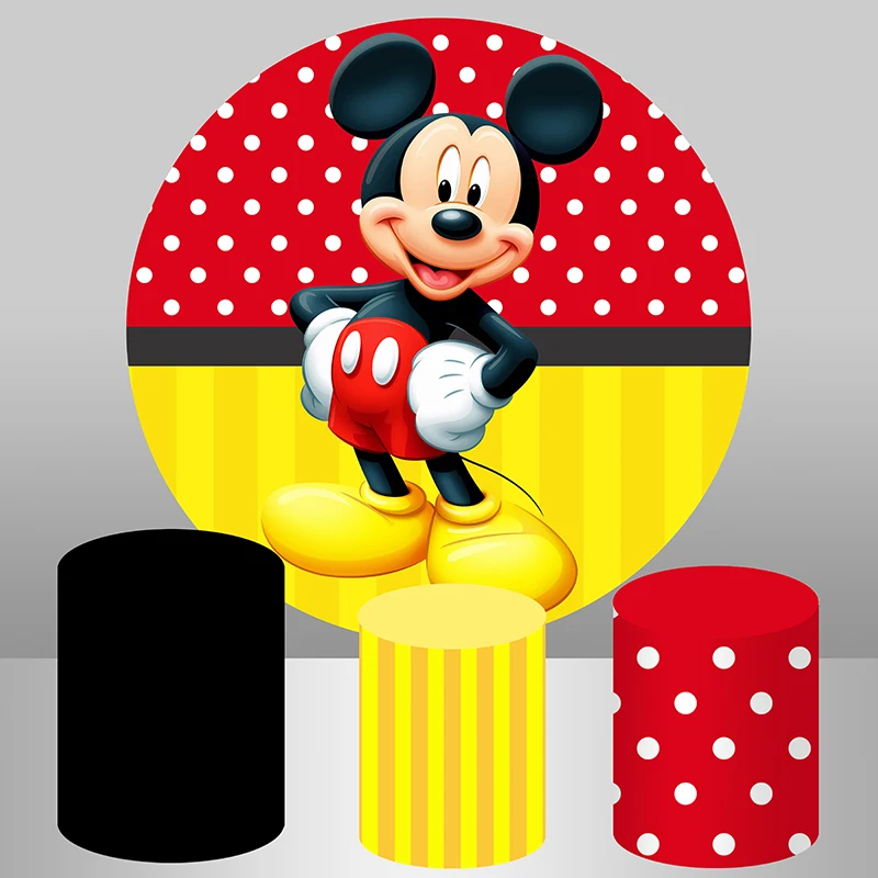 Красный, желтый, черный круглый фон с Микки для мальчиков, день рождения, детский фон для фотосъемки с героями мультфильмов, плинтусные чехлы по индивидуальному заказу