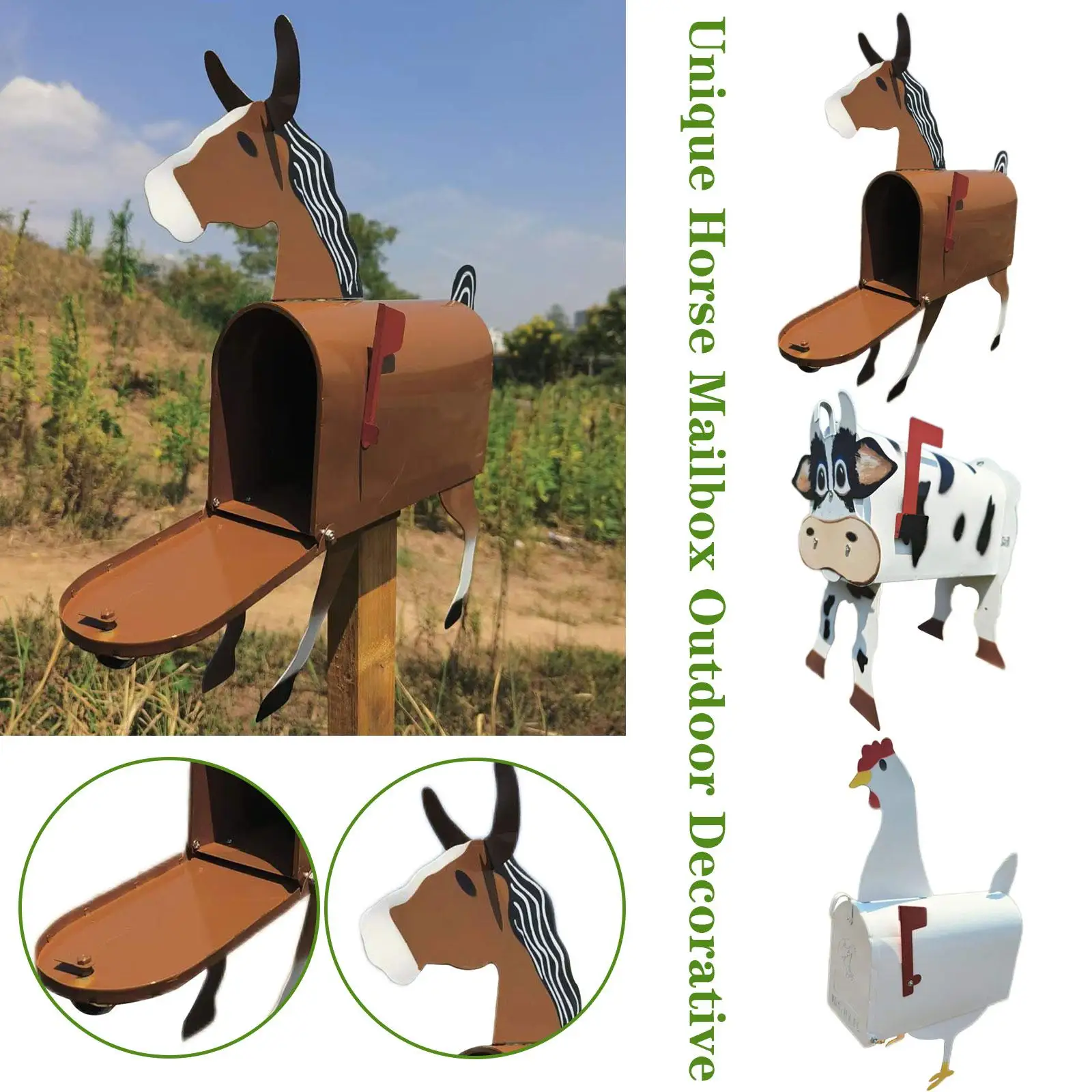 

Unique Chicken Cow Horse Mailbox Metal Wall Mounted Garden Farm Decoration Mailboxes Weatherproof Box Outside Animal Post C A0Y3