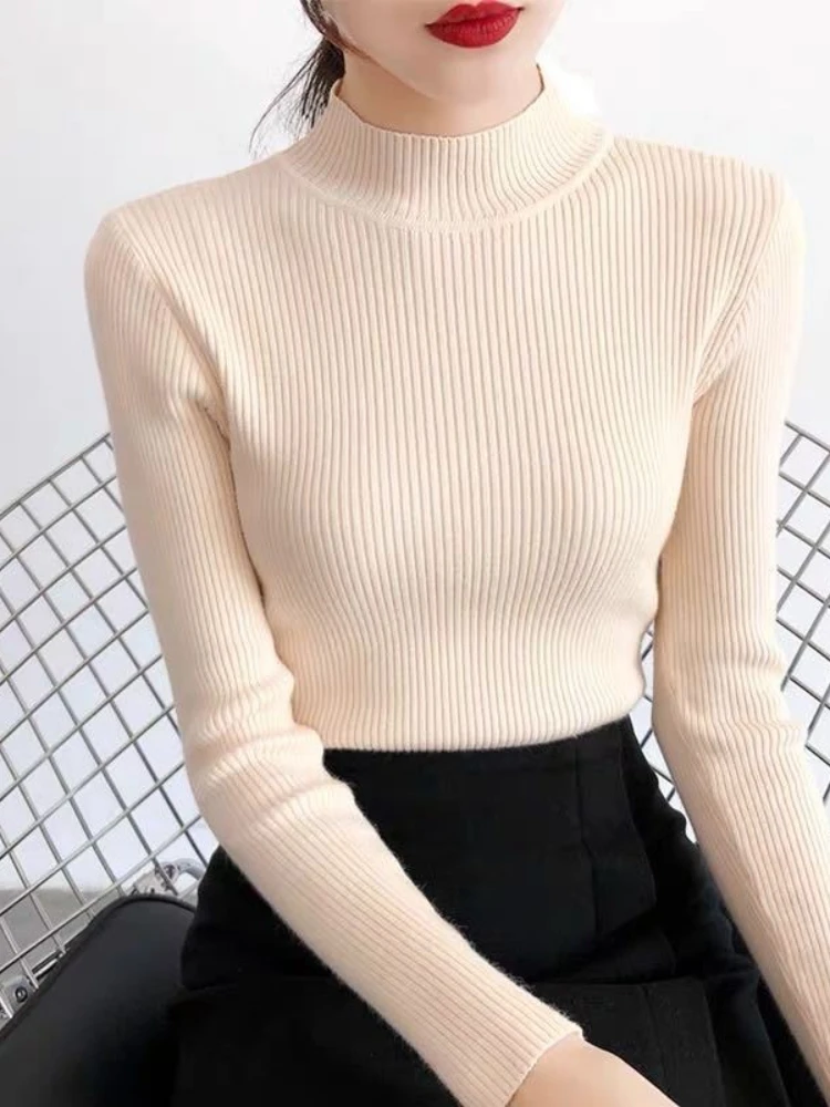 Herbst Winter Mock Neck Frauen Pullover Vintage Grundlegende Solide Strick Tops Beiläufige Dünne Pullover Koreanische Pullover Einfache Chic Jumper