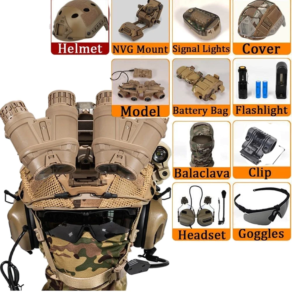 Tactical Airsoft Helmet Set With Goggles Telescope Model NVG Earphone Outdoor Game Helmet Set For CS Paintball Hunting Cosplay