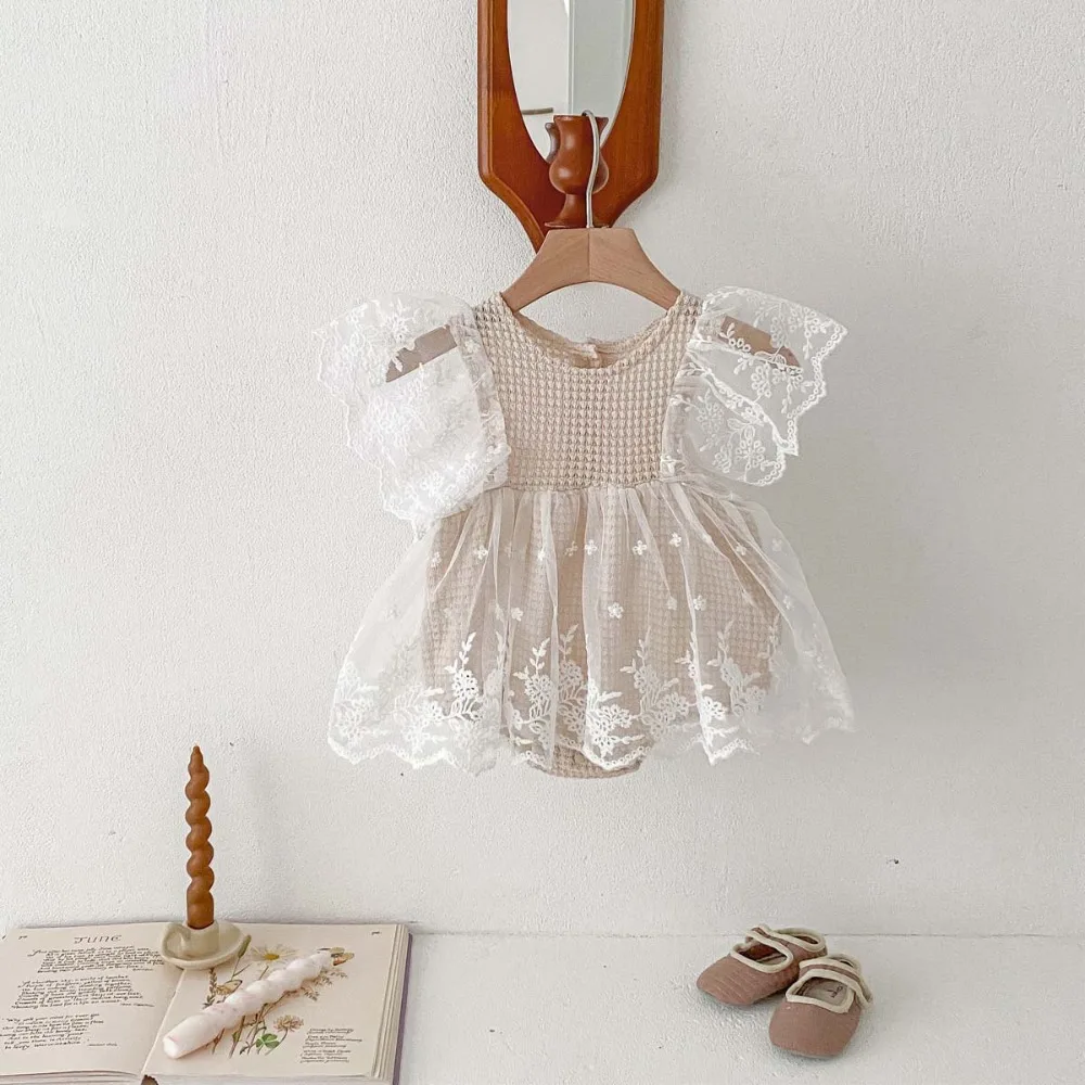 Princess Baby Romper 0-2Years Cute Newborn Girls Lace Sleeve Waffle Pattern Skirted Bodysuit Outfits Birthday Party Clothes