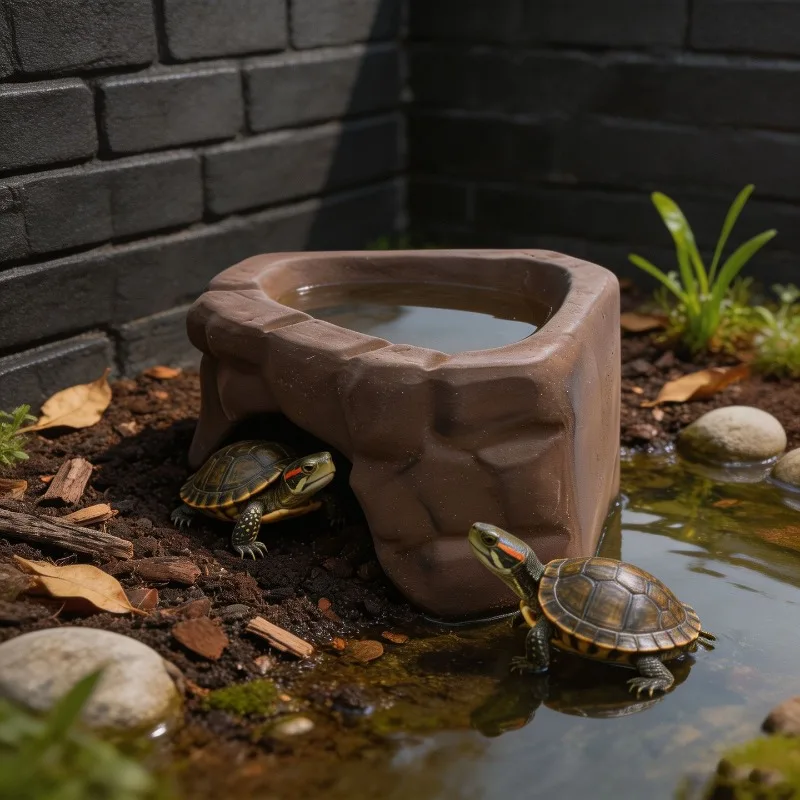 Rock Style Ceramic Turtle Basking Platform Water Dish Feeding Bowl Reptile Hideout Aquarium Terrarium Ornament Accessories Pets