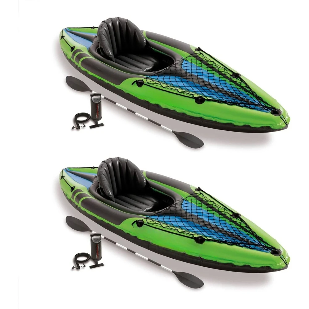 1 Person Durable Vinyl Sporty Kayak with Inflatable Seat and Backrest, Oar, Pump, Carrying Bag, and Repair Kit (2 Pack)