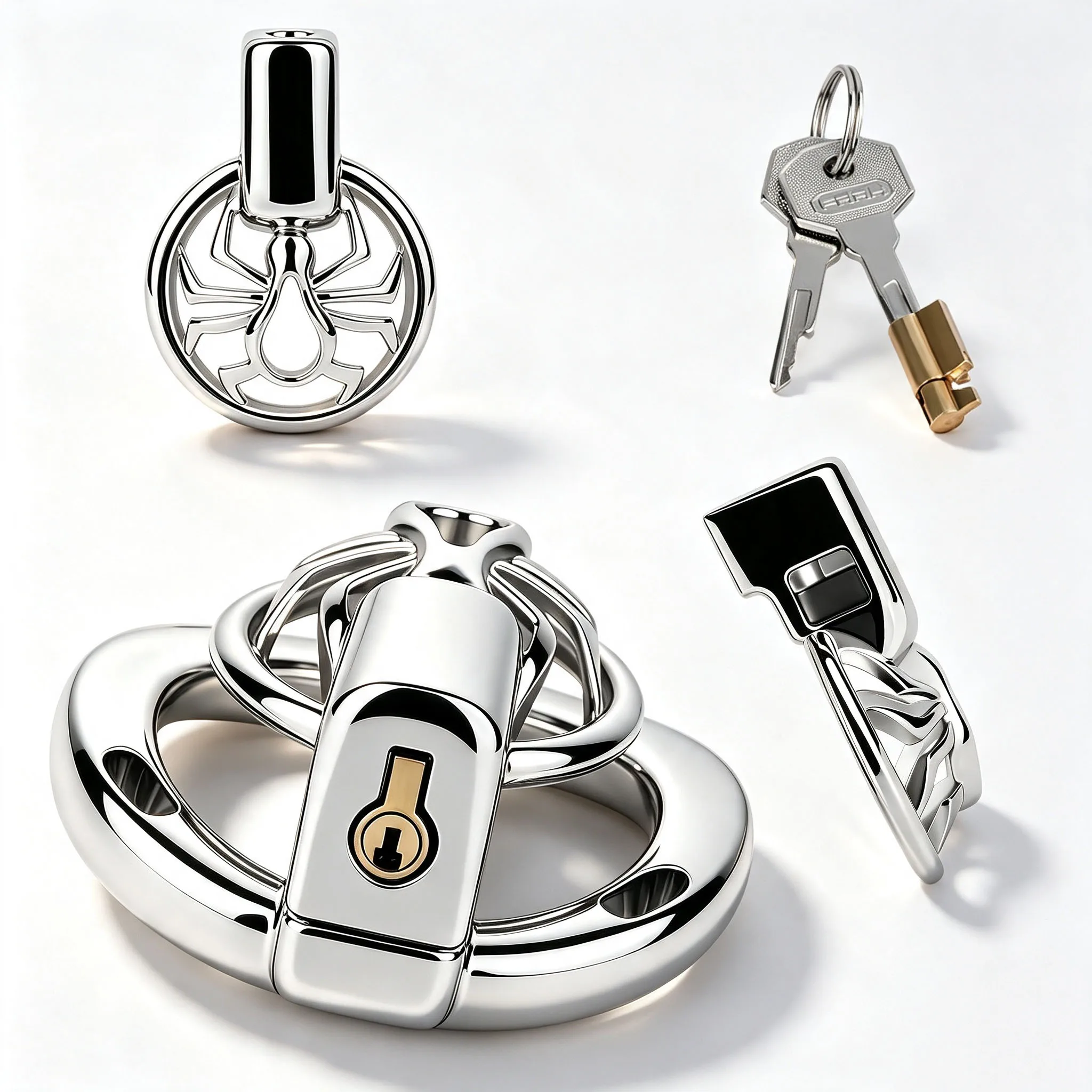 QKKQ Stainless Steel Spider Penis Cages With Aluminum Alloy Rings Chastity Lock Penis Restraint With Belt Couple Loyalty Games