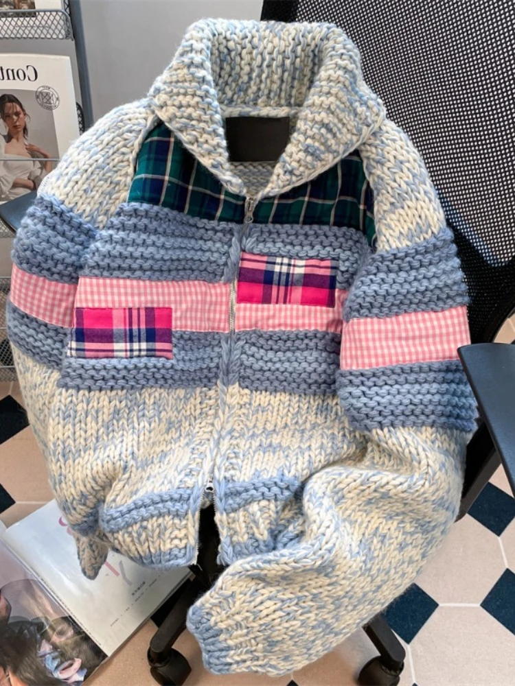 

American Vintage Sweaters Turn Down Collar Zipper Plaid Patchwork Cortrast Color Candigan Design Loose Knit Tops Women Clothing