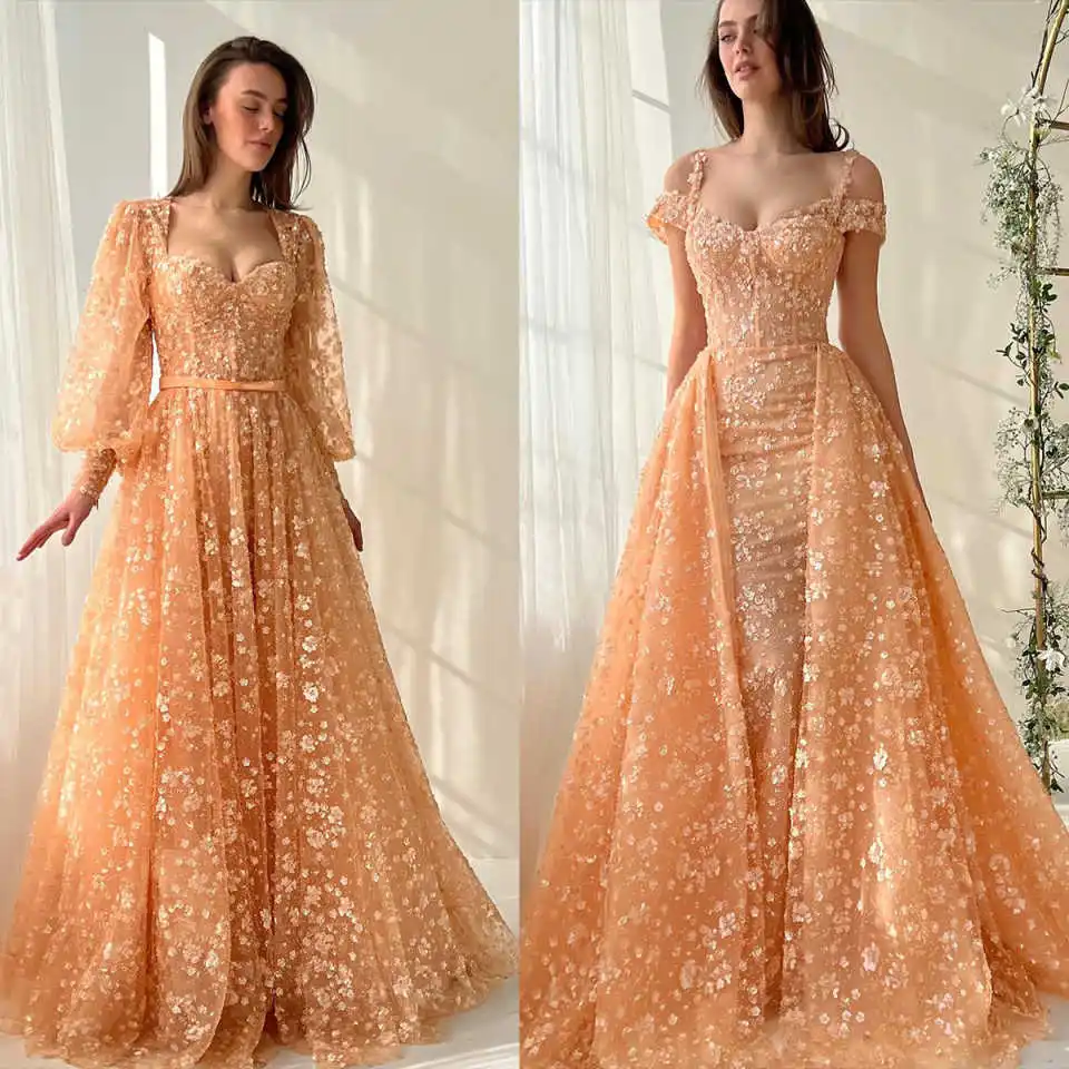 

Colorful Graceful Evening Dress A-Line Spaghetti Strap Detachable Train Court Gown Party Dresses Vestido De Noite Customized