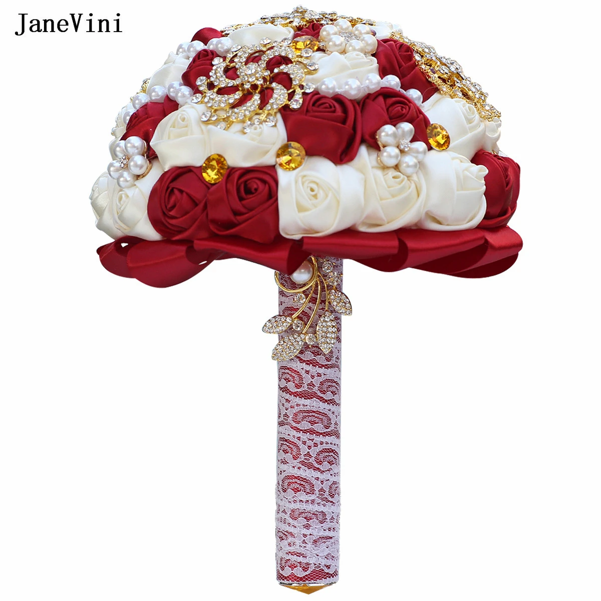 JaneVini 2024 Burgundy Ivory Bridal Bouquets Luxury Gold Rhinestone Pearls Artificial Satin Roses Jewelry Wedding Brooch Bouquet