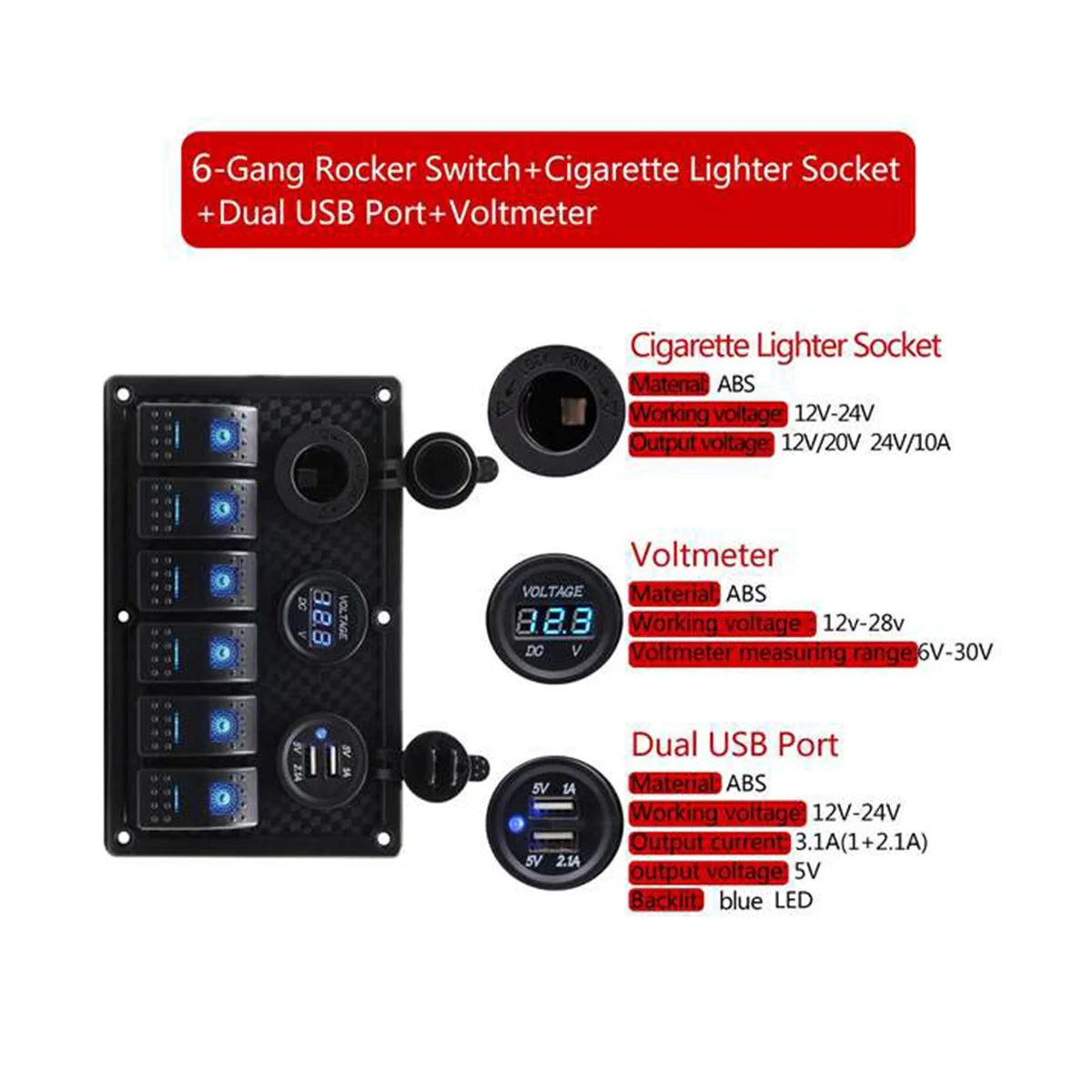 12/24V 6 Buttons Switch Panel with Digital Voltmeter Tester 3.0 USB Chargers Bule Light Boat Power Adapter