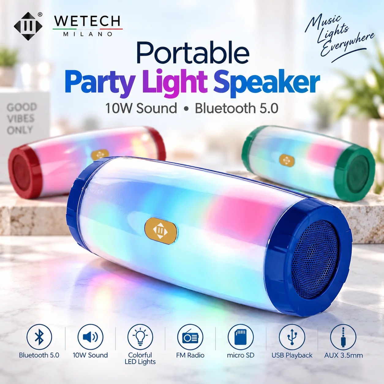 WETECH, altoparlante Bluetooth portatile per feste, con suono da 10 W, Bluetooth 5.0, luci a LED RGB multicolore, radio FM, riproduzione da micro SD/USB/AUX, 3 colori diversi per le estremità, ideale